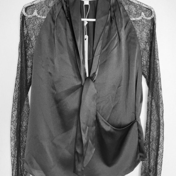 Jonathan Simkhai Satin Tie Neck Chantilly Lace Sleeve Wrap Black Blouse XS - Picture 4 of 12